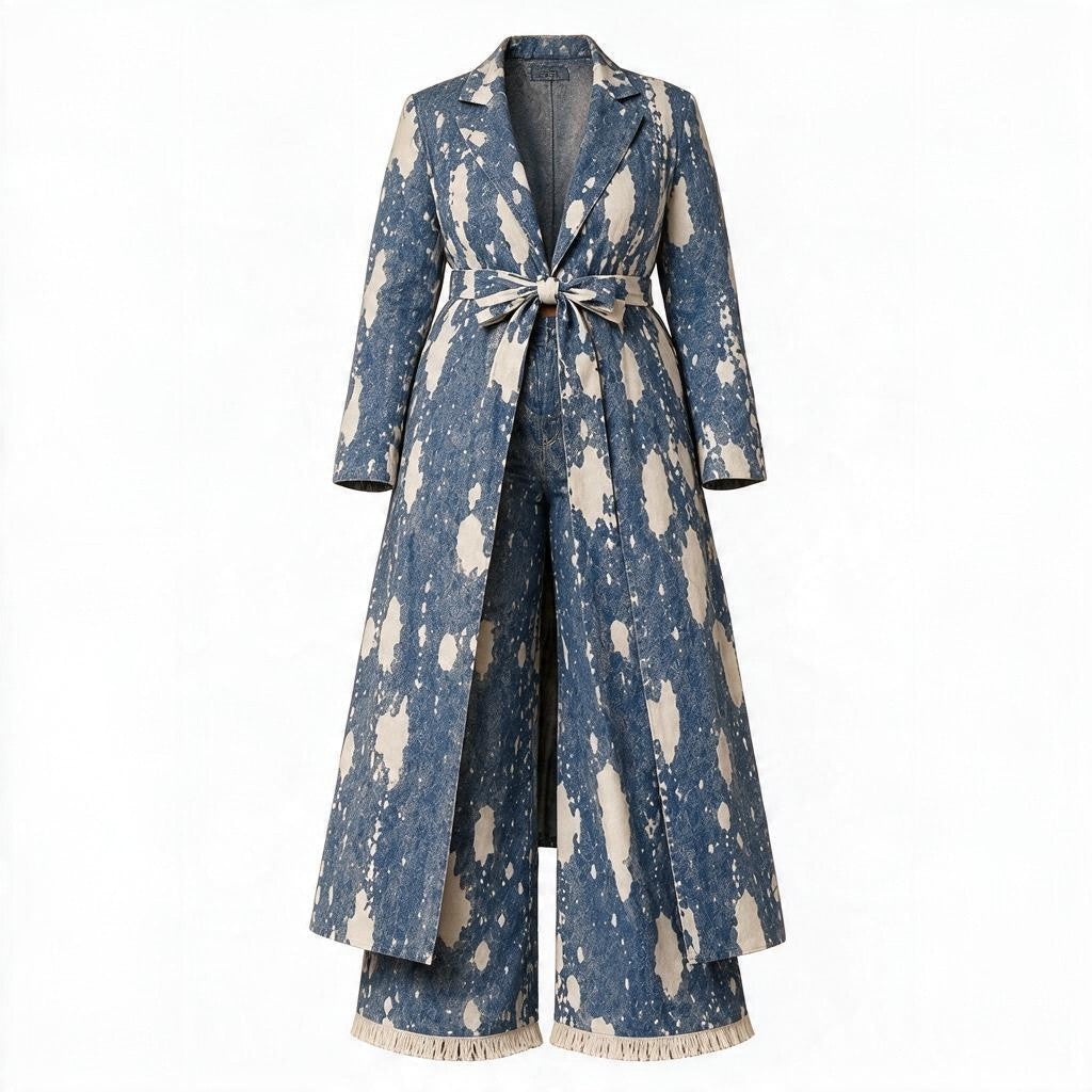 A long blue and beige abstract patterned coat with matching wide-leg pants, featuring a tie belt at the waist and fringed hems, shown against a plain white background.
