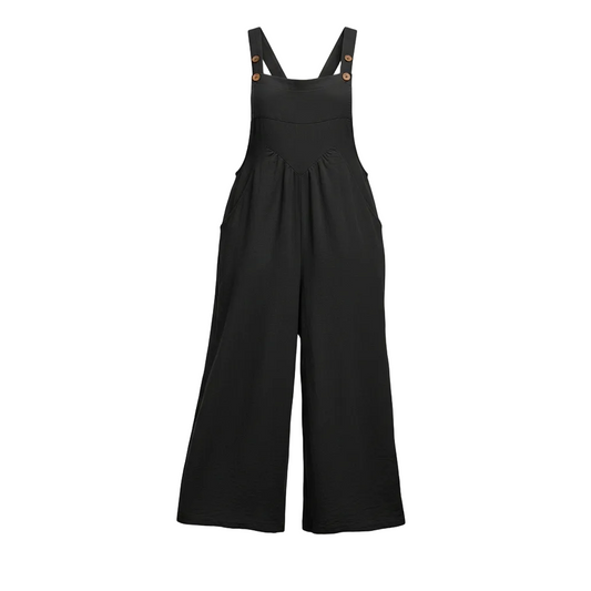 Black jumpsuit with wood buttons on a white background