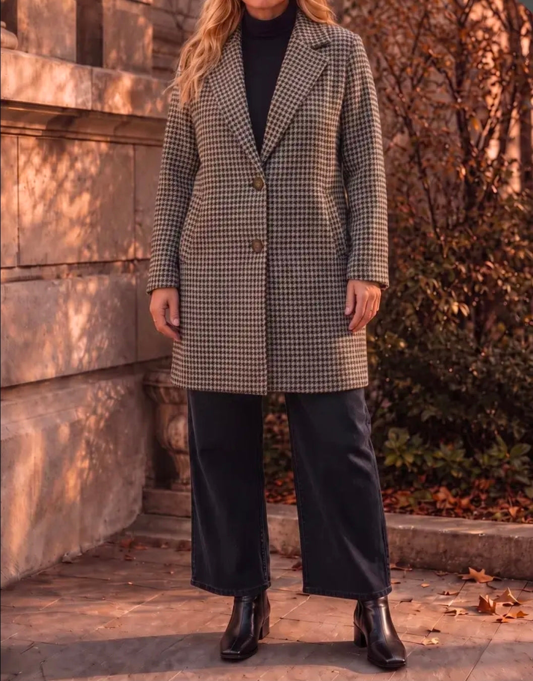 A woman wearing a brown and beige houndstooth patterned coat over a black turtleneck, black wide-leg pants, and black ankle boots, standing outdoors against a stone wall and autumn foliage.