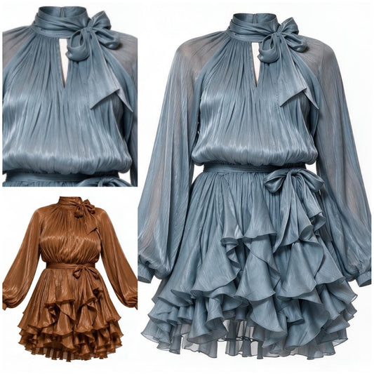 Collage of 3 ruffled dresses. right: blue, full. left top: blue, closeup. left bottom: bronze, full.