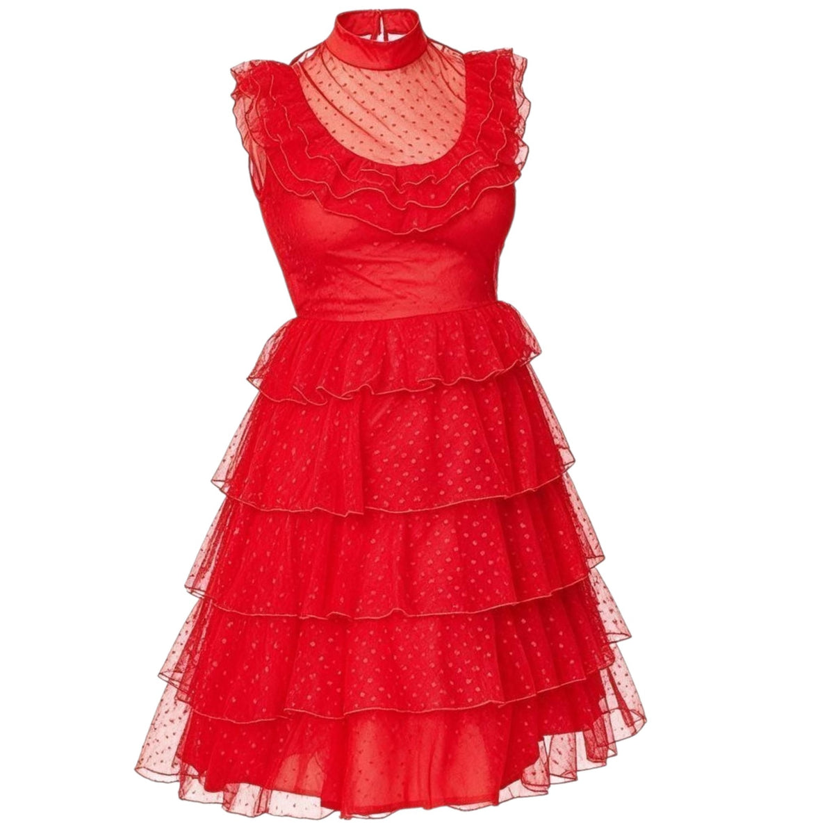 A sleeveless red dress with a high mock neck, sheer polka-dot mesh overlay at the neckline and bodice, and a tiered ruffled tulle skirt on a plain white background.