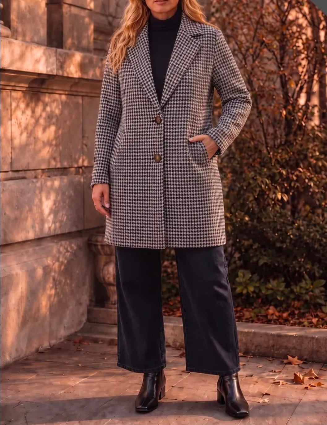 A woman wearing a black and beige houndstooth patterned coat over a black turtleneck, styled with wide-leg black pants and black ankle boots, standing outdoors against a stone wall and autumn foliage.