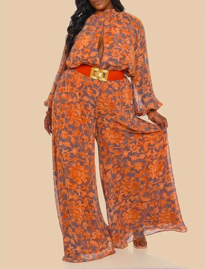 Sunset Bloom Belted Wide-Leg Jumpsuit