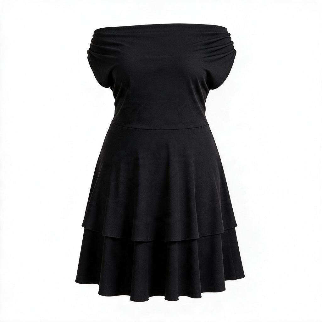 A black off-the-shoulder mini dress with a ruched bodice and a tiered flared skirt, shown against a plain white background.