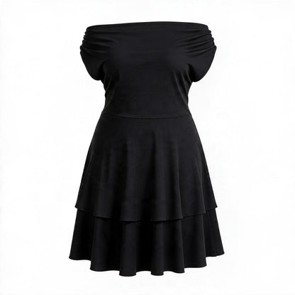 A black off-the-shoulder mini dress with a ruched bodice and a tiered flared skirt, shown against a plain white background.