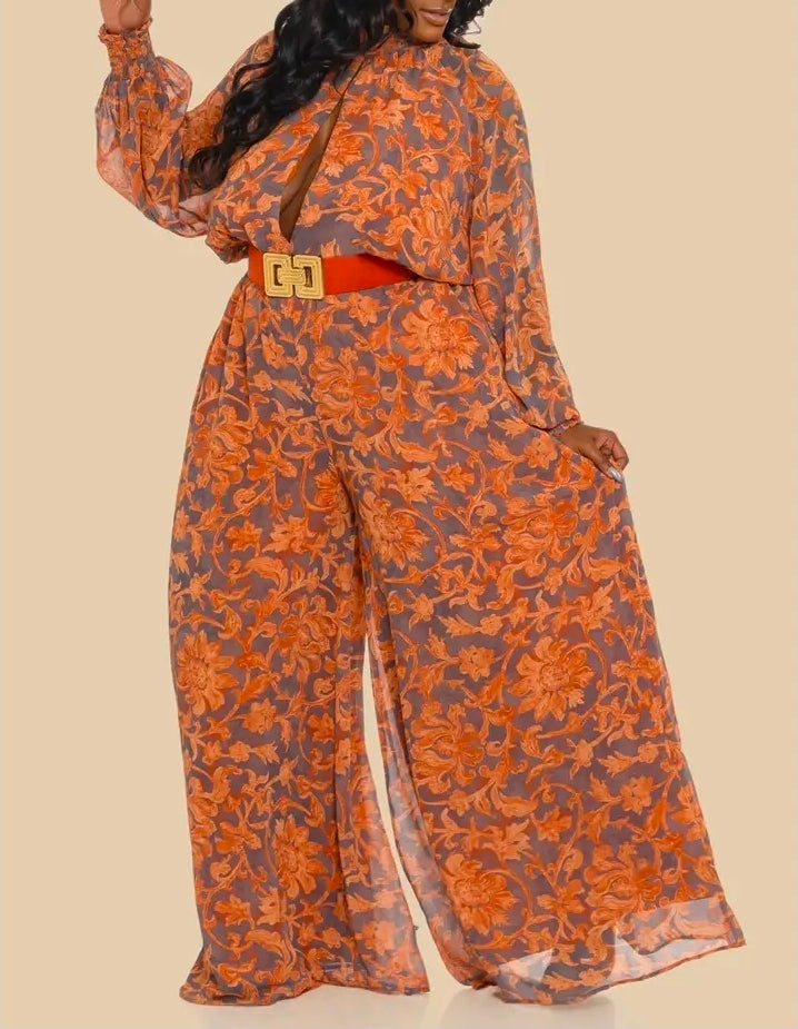 Sunset Bloom Belted Wide-Leg Jumpsuit