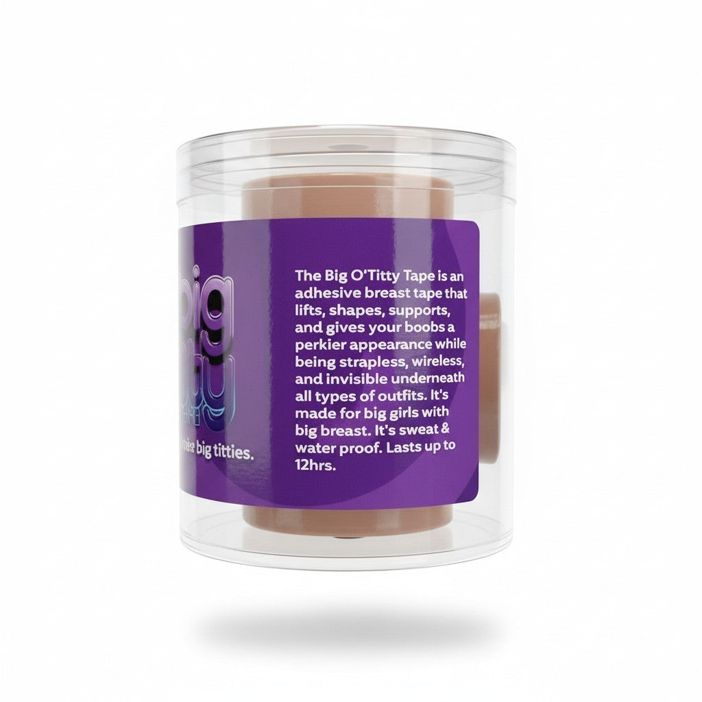 A clear cylindrical plastic container holding beige adhesive breast tape with a purple label. The label includes white product description text and partial visible branding reading 'big' and 'the big o'titty'.