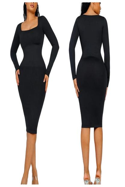 Black long-sleeve dress shown from front and back on a white background
